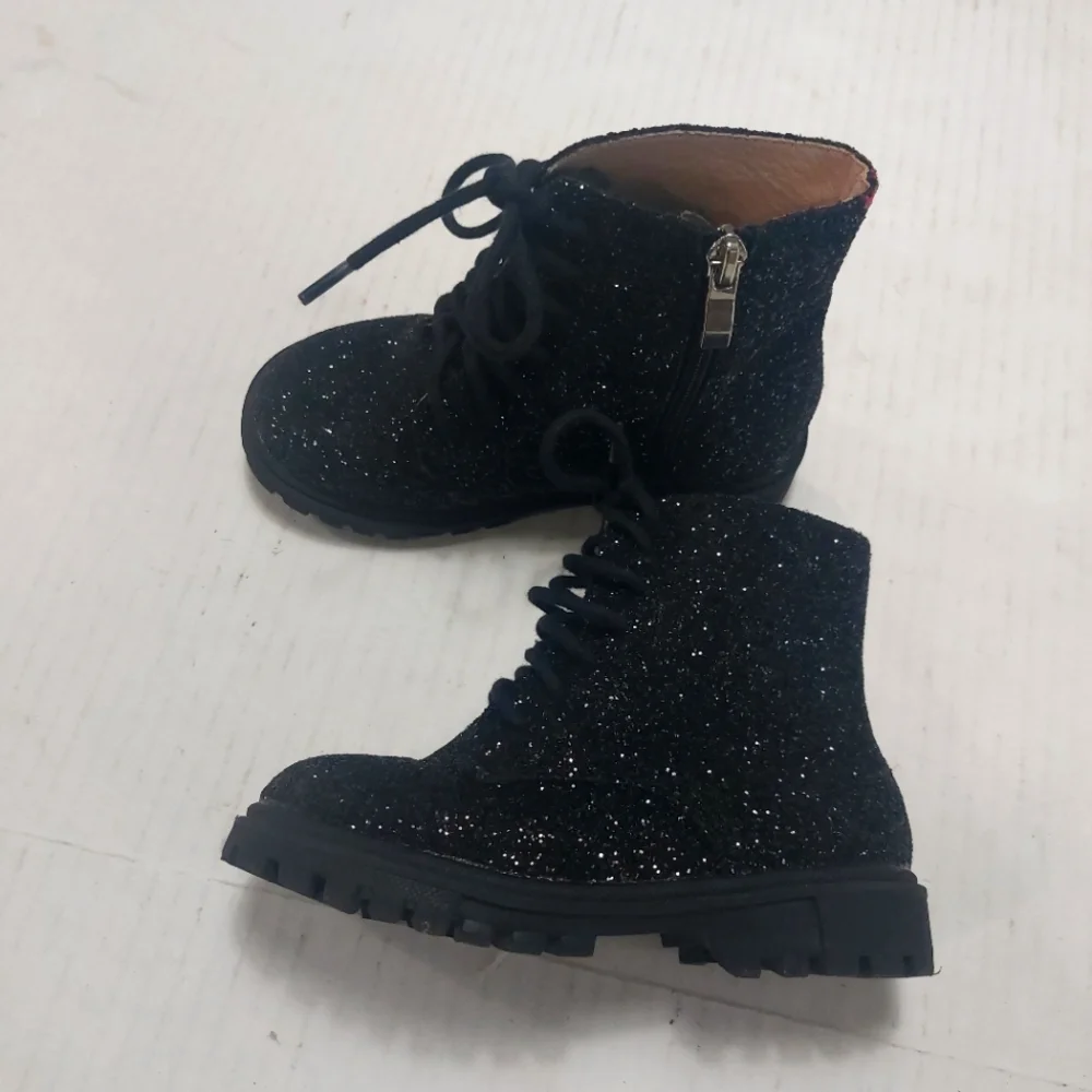 Girls Glitter Lace-up Side Zipper Black Boots Size 27 6.5-7 US toddler